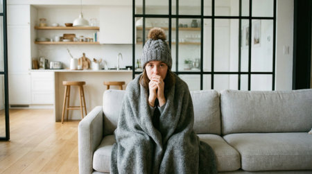A young woman suffering from a cold or flu, wrapped in a cozy blanket and wearing a beanie, sits shivering on her living room sofa.の素材
