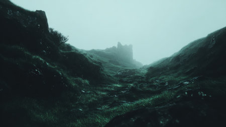 A somber and atmospheric shot of a rugged, rocky valley covered in green moss. The scene is enveloped in a dense, eerie fog, creating a mysterious and moody landscape.の素材