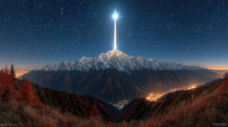 A stunning panoramic nightscape of a snow-covered mountain with a powerful light beam ascending into the starry sky above a glowing city in the valley below.の素材