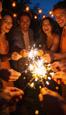 A diverse group of young friends laughing and holding burning sparklers during a festive outdoor celebration at night under warm string lights.の素材