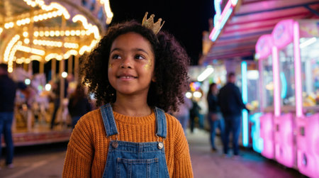 A joyful young Black girl with a crown smiles while enjoying the colorful lights and festive atmosphere of a carnival or funfair in the evening.の素材