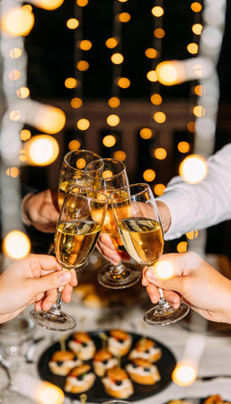 A close-up shot of several hands holding champagne flutes, clinking them together in a celebratory toast. A platter of food and warm bokeh lights are in the background.の素材