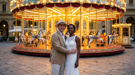 A romantic and elegant mixed-race couple, a man and a woman, smiling for the camera while standing in front of a beautifully illuminated merry-go-round in a city square.の素材