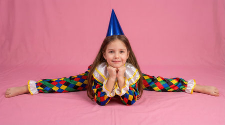A joyful young girl wearing a multi-colored jester costume and a blue party hat, smiling at the camera while performing a flexible split on a solid pink background.の素材