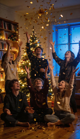A happy group of diverse young friends celebrating a holiday, throwing colorful confetti in a cozy room with a decorated Christmas tree and warm lights.の素材