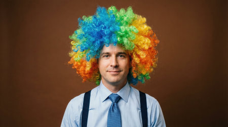 A young caucasian man in formal office attire including a shirt tie and suspenders looks at the camera while wearing a large vibrant rainbow colored wig on a brown background.の素材