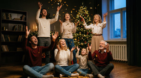 A large happy family with grandparents, parents, and a child celebrating Christmas Eve, joyfully throwing confetti in a cozy living room with a decorated tree.の素材