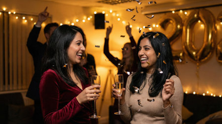 Joyful friends laughing and toasting with champagne glasses during a festive celebration. Confetti falls around them as they enjoy a lively party with warm lights.の素材