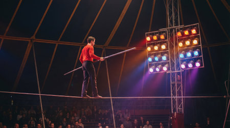 A skilled male acrobat in a red shirt carefully walks a tightrope, using a long pole for balance under the bright colorful lights of a circus tent with an audience below.の素材