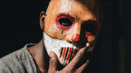 A frightening figure with a disturbing, handmade mask stares from the shadows. The intense look and eerie atmosphere evoke feelings of terror and suspense.の素材