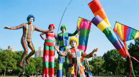 A group of four cheerful entertainers in bright, rainbow-striped outfits and wigs pose outdoors. One performer is on stilts, surrounded by colorful flags under a blue sky.の素材