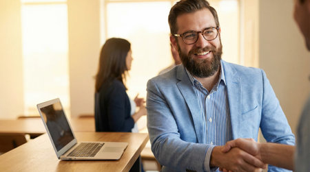 A cheerful bearded professional wearing a blue blazer and glasses shakes hands with a colleague. A laptop sits on a desk in a bright, modern office environment.の素材