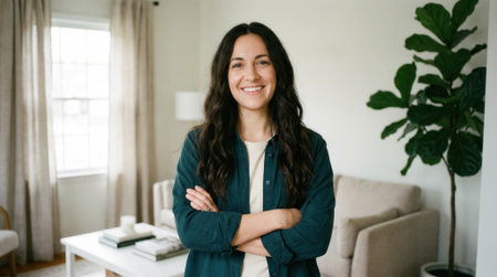 A beautiful young businesswoman with dark hair smiles confidently at the camera. She stands with her arms folded in a bright, modern home or office interior with a plant.の素材