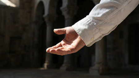 Close-up shot of a persons hand with an open palm, reaching out from a dark background. The gesture symbolizes asking for help, offering support, charity, or connection.の素材