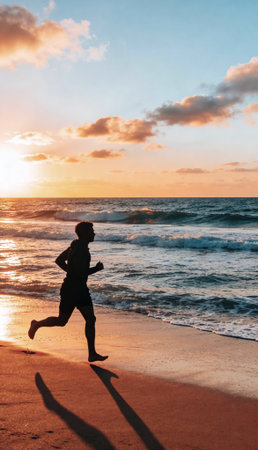A lone runner is silhouetted against a beautiful sunset over the ocean. The man is jogging on the wet sand along the shoreline, with his shadow stretching out behind him.の素材