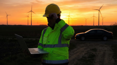 An industrial worker in safety gear stands in a field of wind turbines, holding a laptop. The sun sets in the background, casting a warm glow over the renewable energy site.の素材