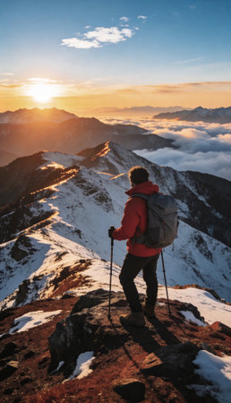 A lone mountaineer with a backpack and poles stands on a snowy summit, gazing at a spectacular sunrise over a mountain range and a sea of clouds below.の素材