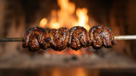 Close up of traditional Brazilian churrasco with seasoned picanha steak on a metal skewer. The meat is grilled to perfection over a blazing fire in the background.の素材