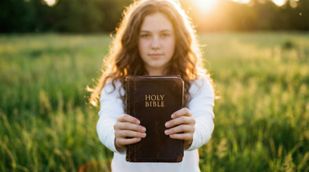 A faithful young woman with long hair offers the Holy Bible to the viewer while standing in a golden field during a beautiful sunset.の素材