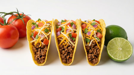 A row of three delicious Mexican hard shell tacos filled with seasoned ground beef, shredded cheese, and fresh vegetables. Whole tomatoes and limes are visible in the background on a clean white surface.の素材