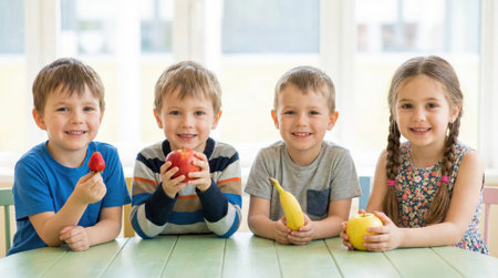Portrait of four adorable preschool children sitting together at a table. Each child is smiling and holding a piece of fresh fruit, promoting healthy eating and nutrition.の素材