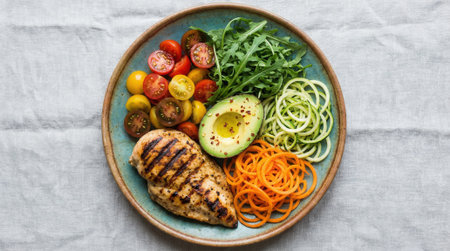 Top down view of a healthy lunch plate with grilled chicken breast, fresh avocado, and a vibrant salad of spiralized vegetables and greens on a textured background.の素材