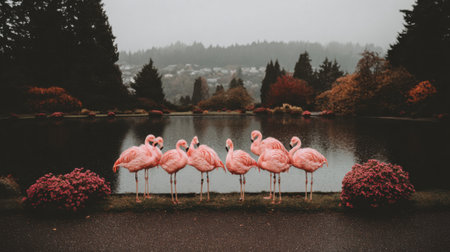 A line of elegant pink flamingos stands at the edge of a calm lake with a reflection. The background shows a forest with autumn colors and a distant hillside.の素材