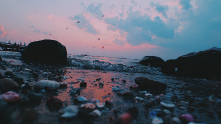 A peaceful coastal landscape featuring a rocky shore with wet pebbles reflecting the dramatic pink and blue hues of the sunset sky. Dark boulders frame the tranquil scene.の素材