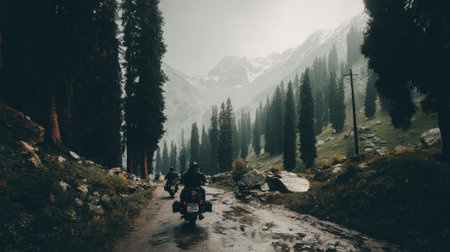 Two motorcyclists on an adventure tour, riding through a wet and muddy path surrounded by tall pine trees in a vast, misty mountain valley. A scene of exploration and challenge.の素材