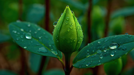 Macro photograph of a closed green flower bud and surrounding leaves covered in glistening water droplets after a rain shower. The background is softly blurred.の素材