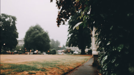 View of a peaceful public park with a large lawn and mature trees under a grey, cloudy sky. A paved path runs alongside dark foliage, creating a serene, moody atmosphere.の素材