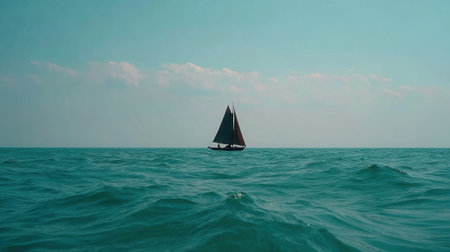 A single sailboat with black sails cruises across the choppy teal waves of the open sea under a pale blue sky, evoking a sense of adventure, freedom, and solitude.の素材