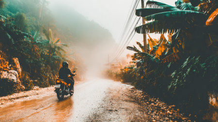 A lone rider navigates a wet, muddy road on a scooter amidst dense tropical foliage. The air is thick with mist and fog from a downpour, creating an atmospheric scene of travel.の素材