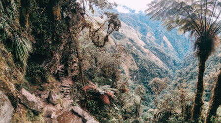 View of a narrow, rugged hiking trail carved into a steep mountainside, surrounded by dense tropical vegetation and tree ferns in a deep, misty valley.の素材