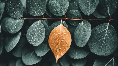 A vibrant yellow leaf with raindrops contrasts against a background of muted green leaves. A powerful visual metaphor for individuality, uniqueness, and change.の素材