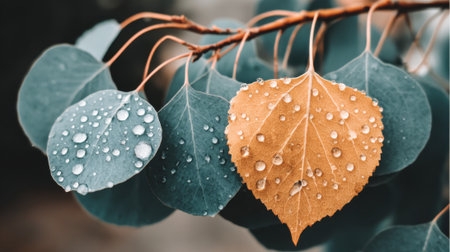 Macro shot of a single yellow leaf symbolizing the start of autumn, contrasted with green leaves, all covered in fresh raindrops on a branch.の素材