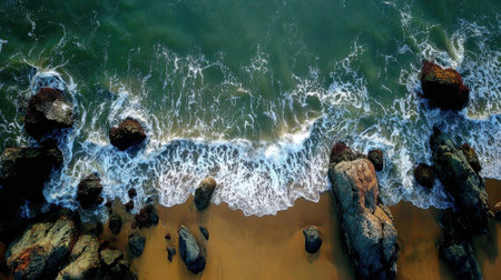 A stunning top down aerial perspective of turquoise ocean water with white foam waves breaking against large rocks and a sandy shore creating a beautiful natural background.の素材