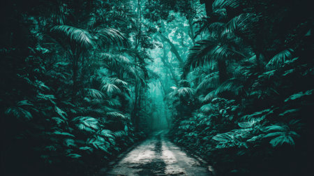 A moody and mysterious scene of a narrow road vanishing into a dense dark forest with lush foliage illuminated by an eerie teal green light.の素材