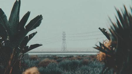 A solitary electricity pylon stands in the distance across a vast, hazy landscape. Dark, lush plants frame the view, creating a moody and atmospheric industrial scene.の素材