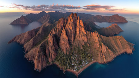 A stunning high-angle panoramic view of a mountainous island with sharp peaks illuminated by warm morning light. A small coastal village is nestled in a bay surrounded by the calm sea.の素材