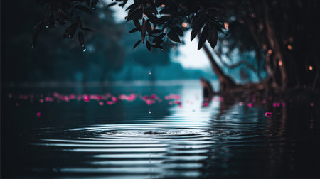 A close-up of concentric ripples expanding on the surface of dark, calm water. The background is a moody, blurred scene of foliage, creating a serene and mysterious atmosphere.の素材
