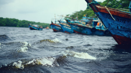 A line of traditional blue fishing boats docked by a lush green riverbank on a river contaminated with floating plastic garbage and debris under an overcast sky.の素材