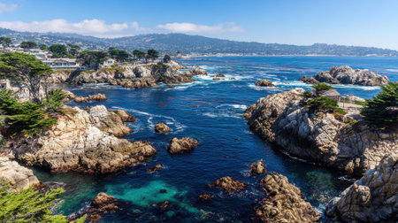 A picturesque coastal scene featuring a rocky inlet with deep blue and turquoise water under a clear sunny sky. Green trees dot the rugged shoreline with mountains in the background.の素材