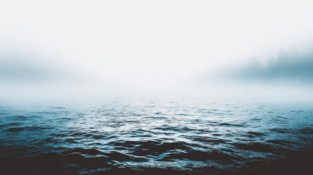 A tranquil and atmospheric shot of deep blue water with soft ripples. The horizon is lost in a thick white fog, creating a serene and mysterious natural background.の素材