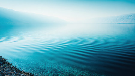 A serene and tranquil scene of crystal clear blue water with soft waves. The shallow shoreline reveals smooth stones below the surface, creating a peaceful and minimalist background.の素材