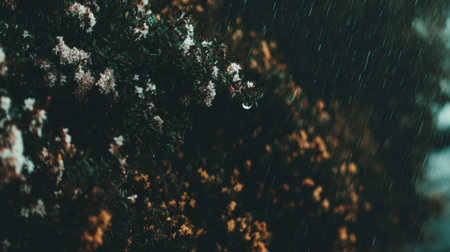 A close up macro view of dark, dense plant life with soft focus. Muted tones of green, brown, and white create a mysterious and textured natural background.の素材