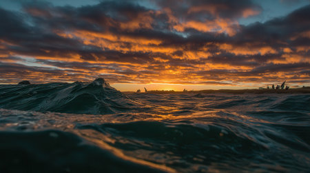 A breathtaking view from within the ocean as turbulent waves crash under a spectacular sunset sky filled with dramatic orange and dark clouds. A distant skyline is visible.の素材