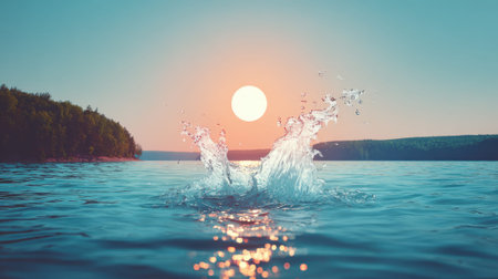 A beautiful and peaceful scene of a large splash in the middle of a calm blue lake. The sun is setting on the horizon, casting a warm, golden glow over the water.の素材