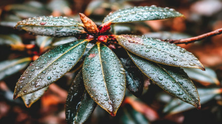 A macro photograph of plant leaves glistening with fresh raindrops. The background is a soft blur of autumn colors, highlighting the detailed texture of the foliage.の素材