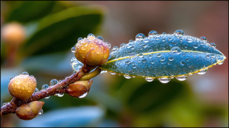 A macro photograph capturing the intricate beauty of nature. Tiny water droplets from morning dew or rain adorn a folded blue green leaf and small yellow buds on a twig.の素材